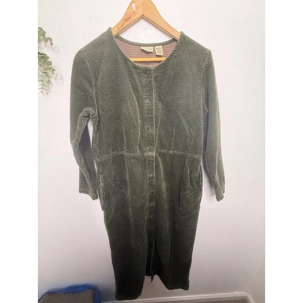 LL Bean Corduroy Midi Dress Womens 12 Olive Green Button Cotton Long Sleeve - Picture 2 of 5